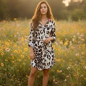 Eliza J Dress Sz Medium Long Sleeve Leopard Animal Print Safari Boho Fall Autumn